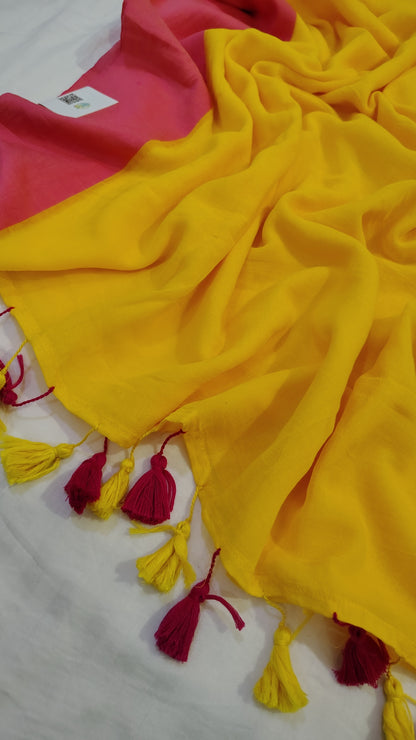 Kareena Kapoor plain mul cotton yellow / pink Mul cotton Saree