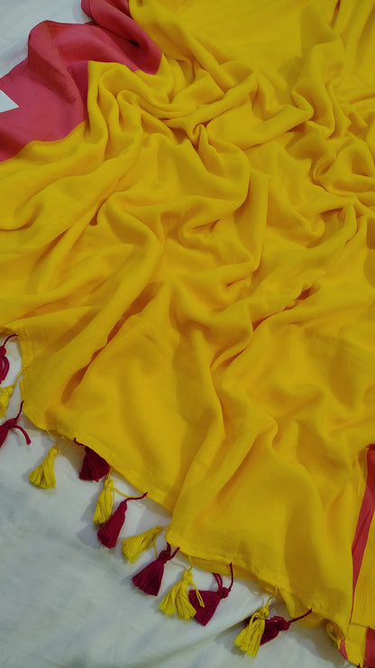 Kareena Kapoor plain mul cotton yellow / pink Mul cotton Saree