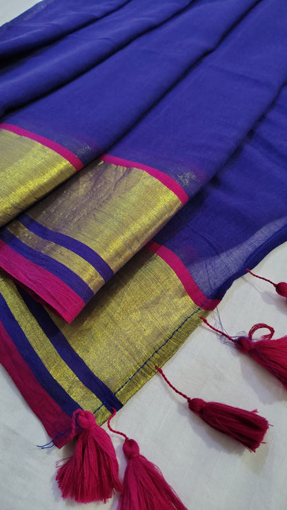 Royal Blue plain zari border Mul cotton Saree
