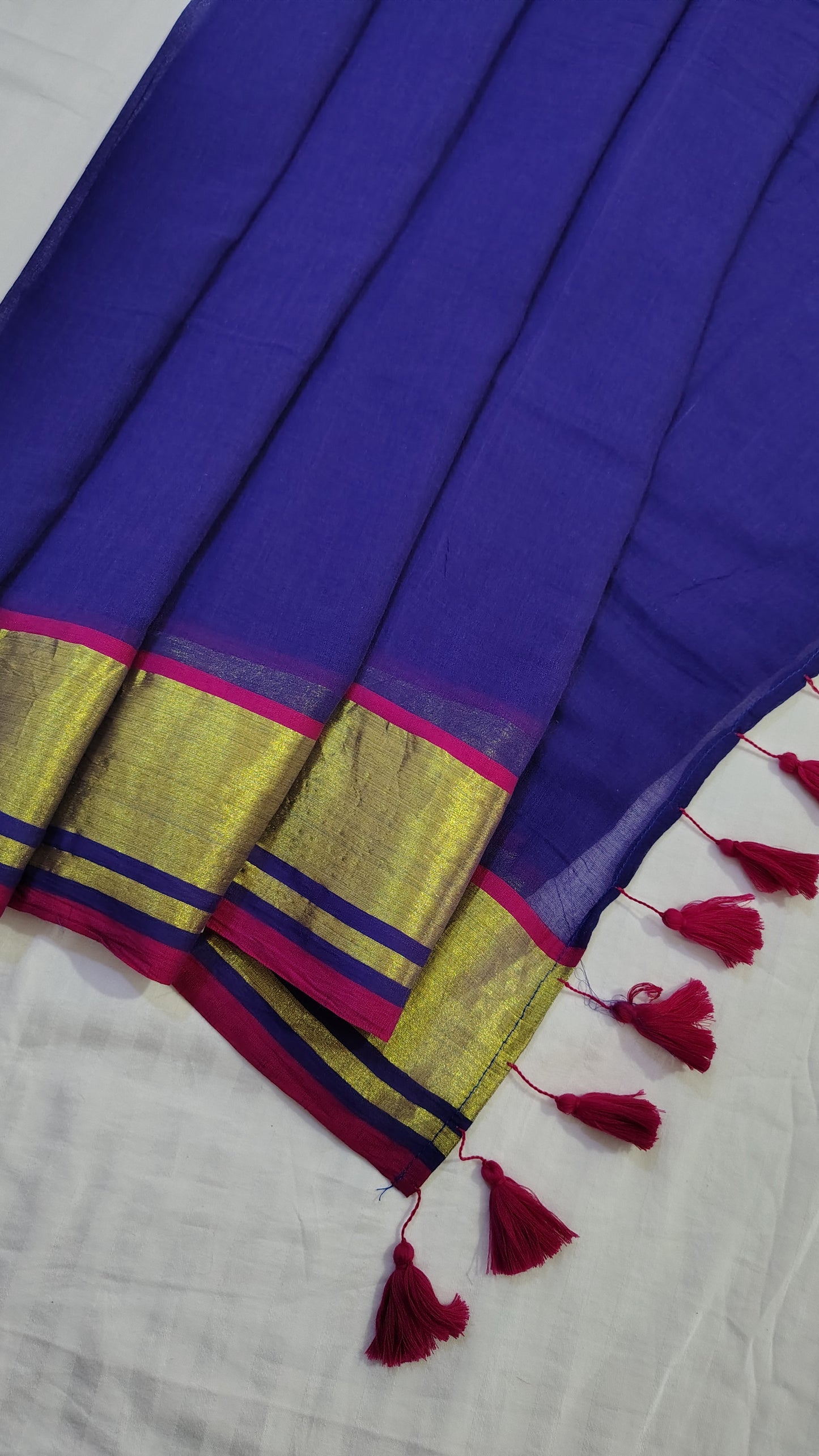 Royal Blue plain zari border Mul cotton Saree