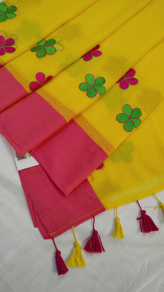 Yellow floral embroidery mul mul Saree
