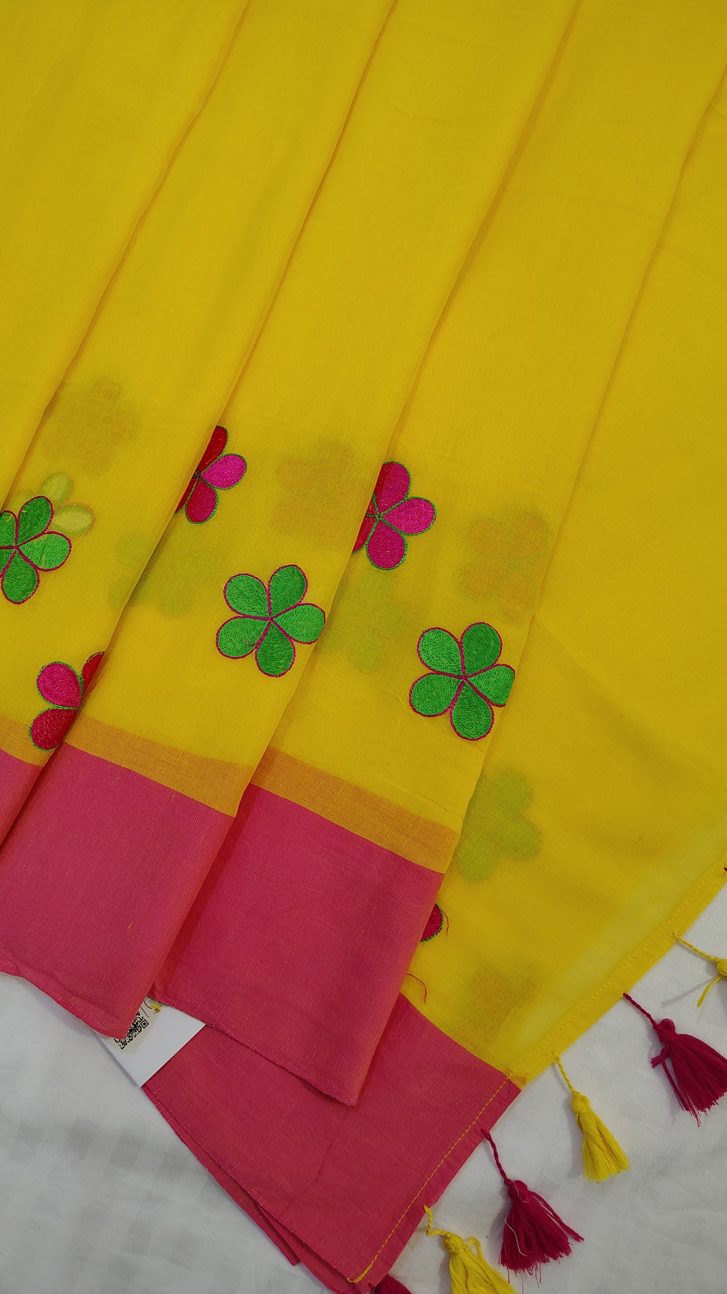 Yellow floral embroidery mul mul Saree