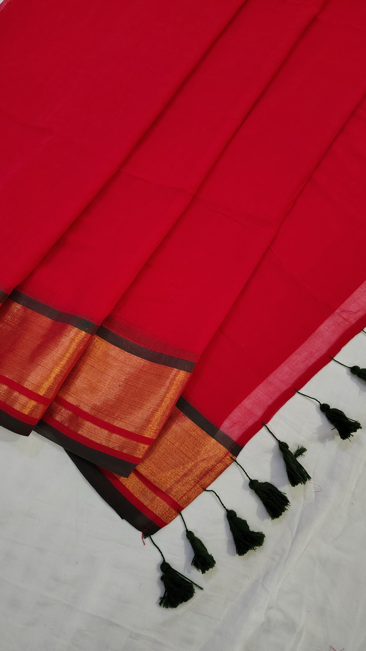 Red plain zari border Mul cotton Saree