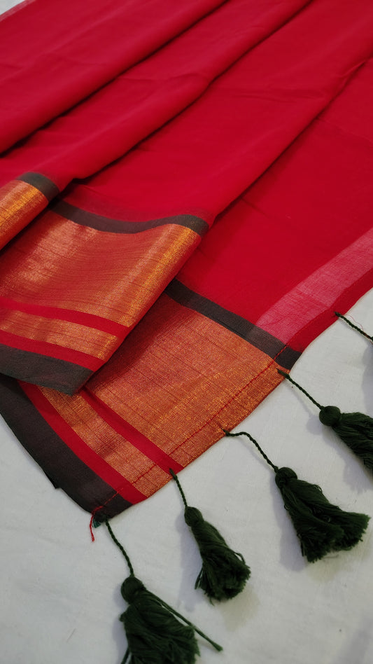 Red plain zari border Mul cotton Saree