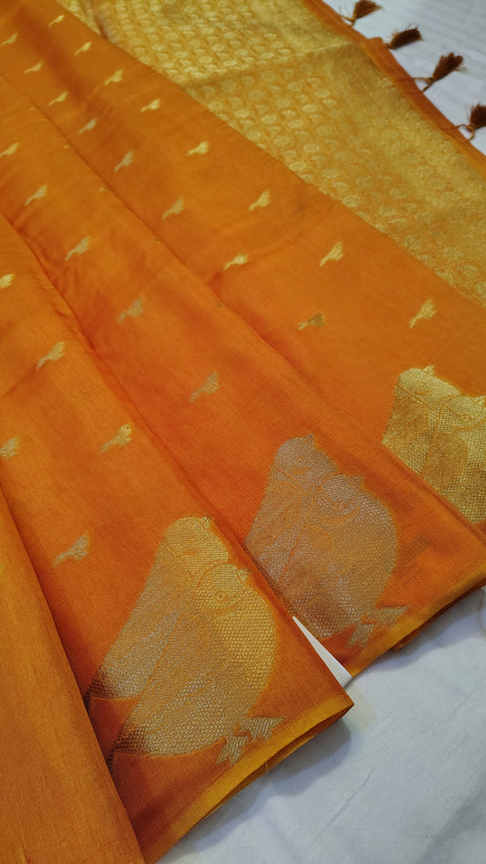Mustard yellow Viscose Silk Bird Weave Saree