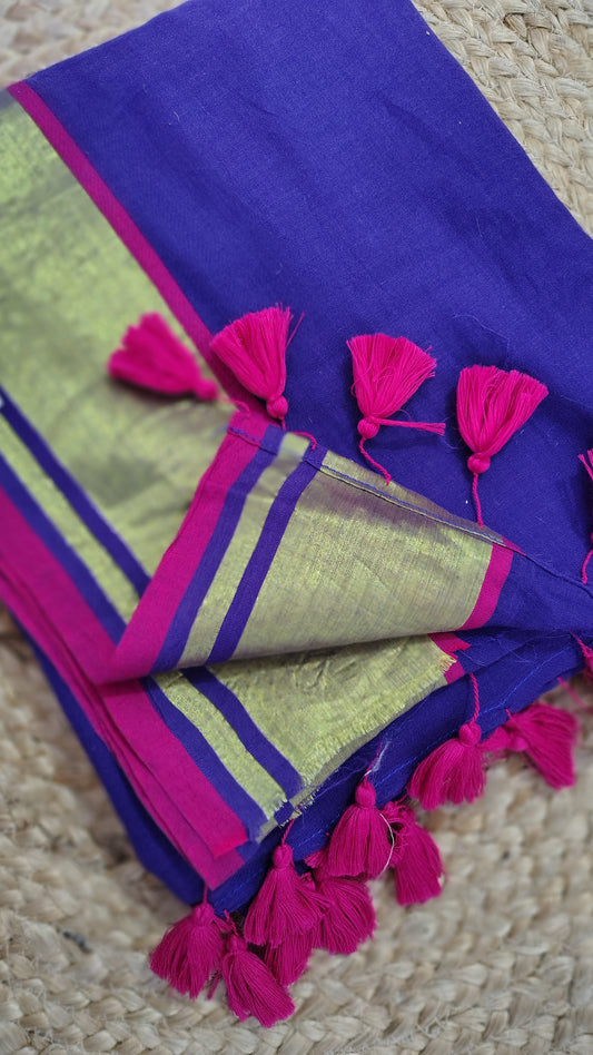 Royal Blue plain zari border Mul cotton Saree