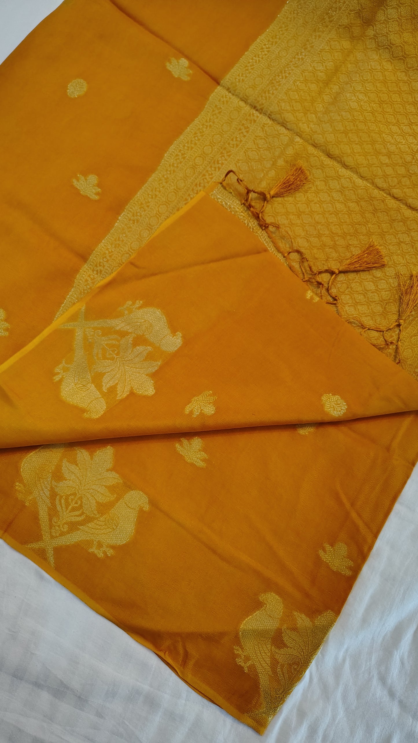 Yellow Semi Banarasi silk bird weave