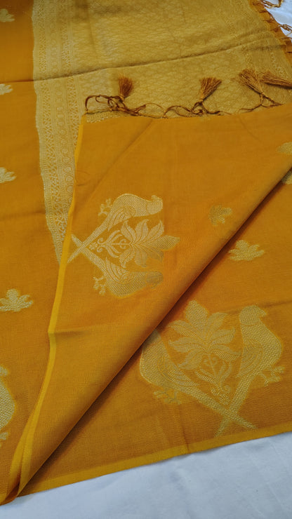 Yellow Semi Banarasi silk bird weave