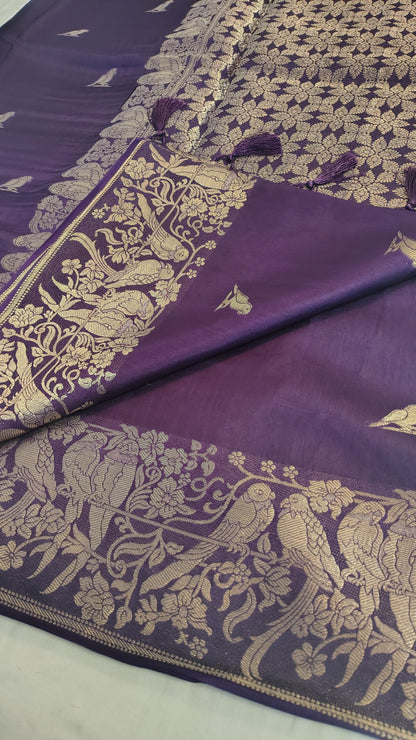Wine Banarasi silk bird weave
