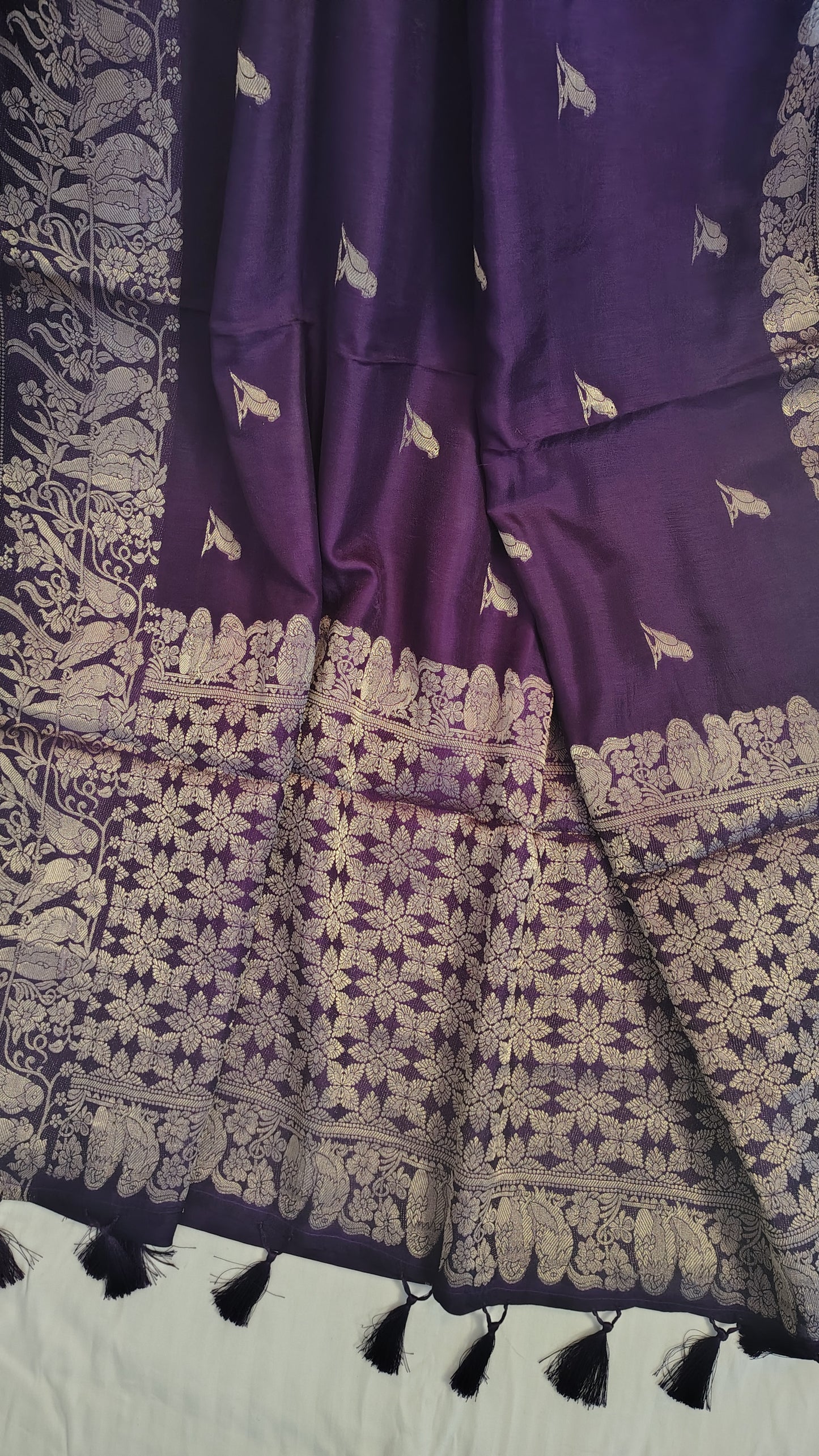 Wine Banarasi silk bird weave