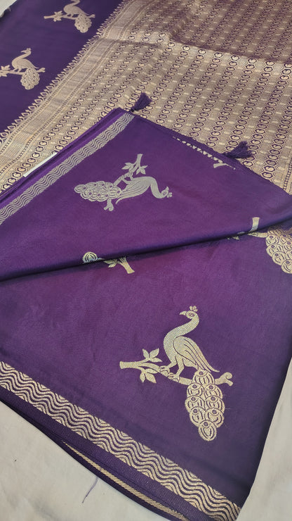 Wine Semi Banarasi silk | bird weave