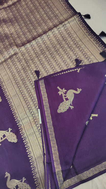 Wine Semi Banarasi silk | bird weave