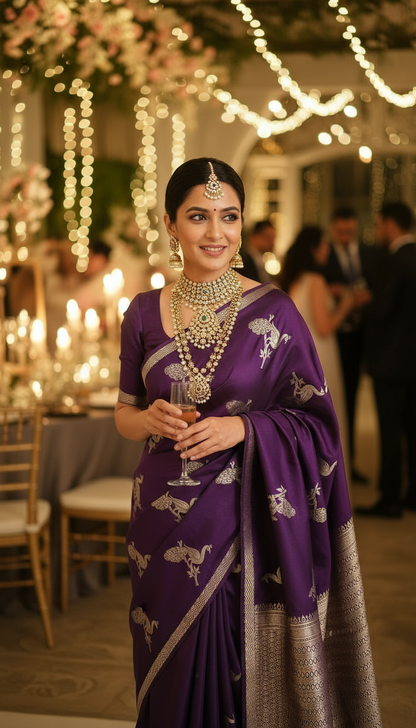 Wine Semi Banarasi silk | bird weave