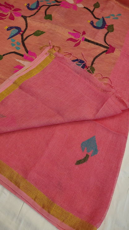 Pink Linen Lotus jamdani Saree
