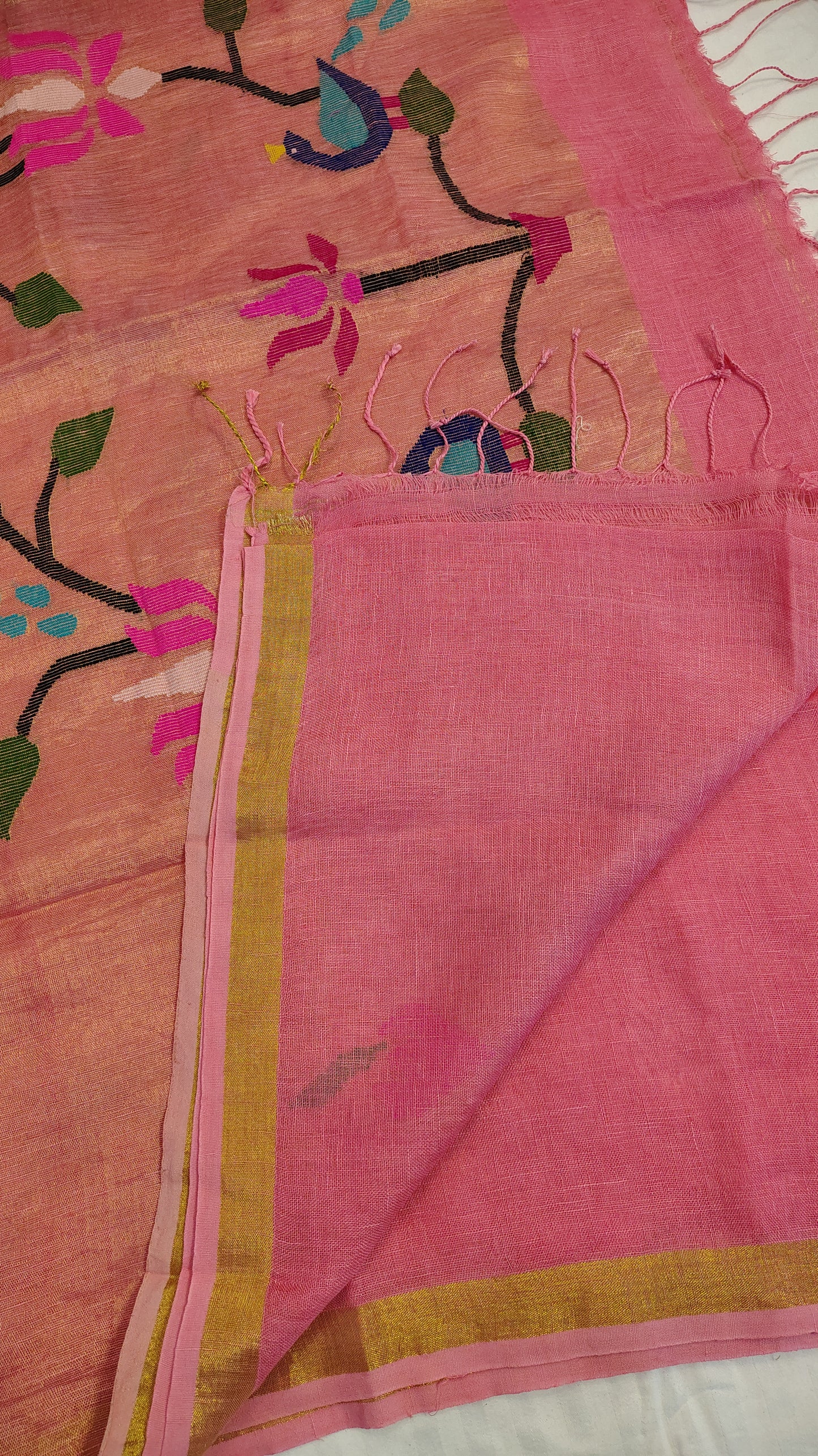 Pink Linen Lotus jamdani Saree