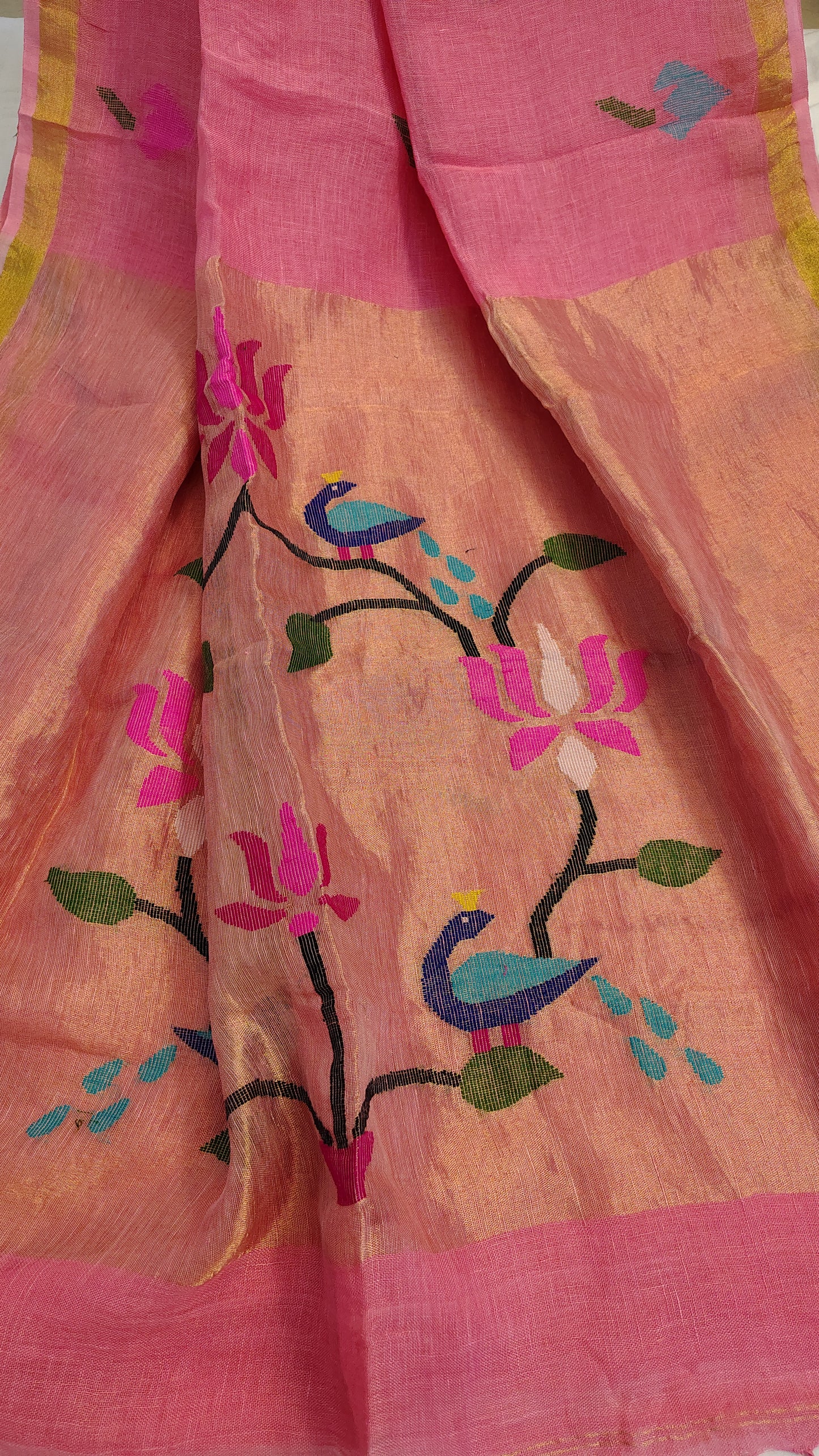 Pink Linen Lotus jamdani Saree