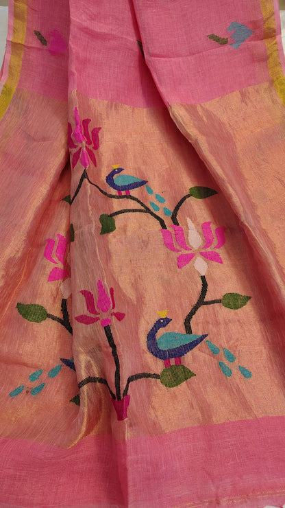 Pink Linen Lotus jamdani Saree