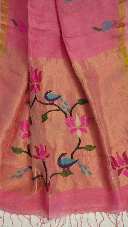 Pink Linen Lotus jamdani Saree