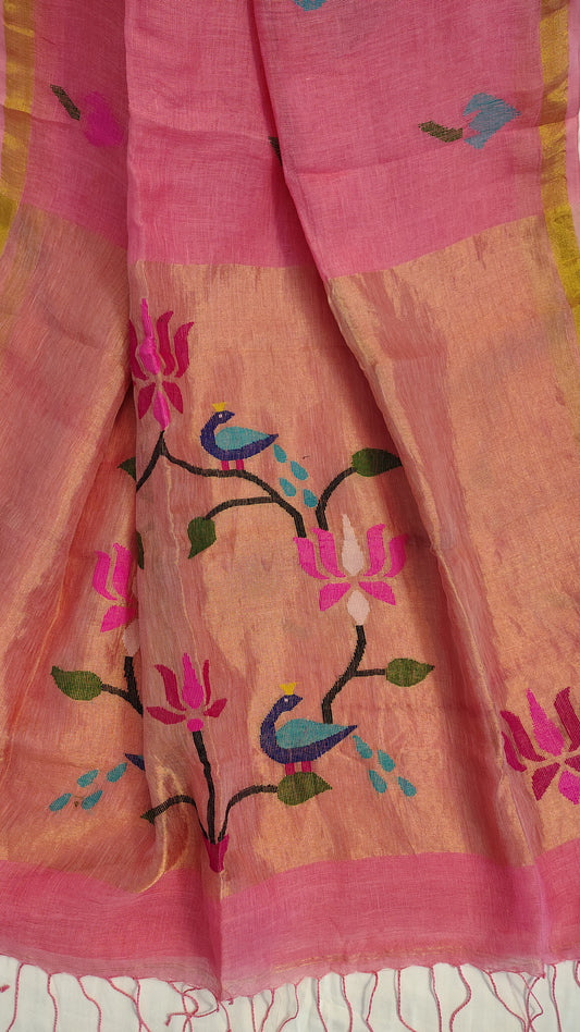 Pink Linen Lotus jamdani Saree