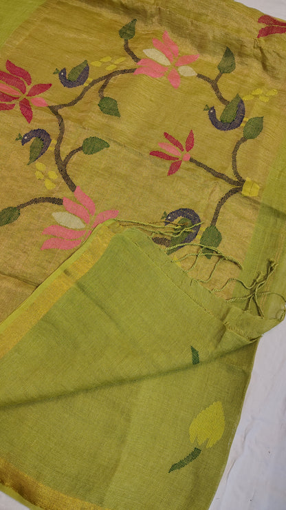 Green Linen Lotus jamdani Saree