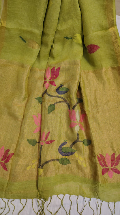 Green Linen Lotus jamdani Saree