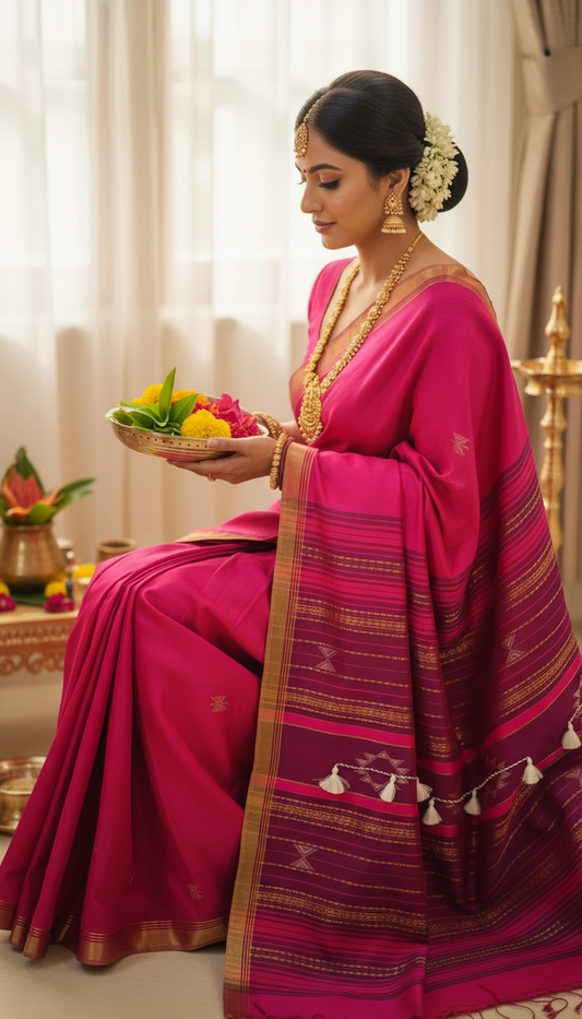 Pink Pure khadi Bhujodi pallu saree