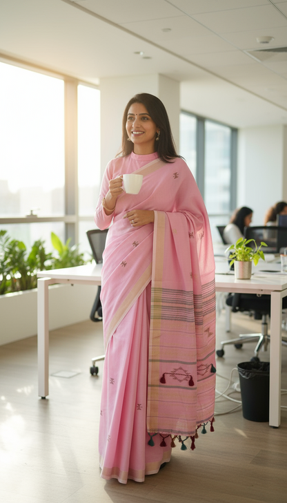 Pink Pure khadi Bhujodi weave saree