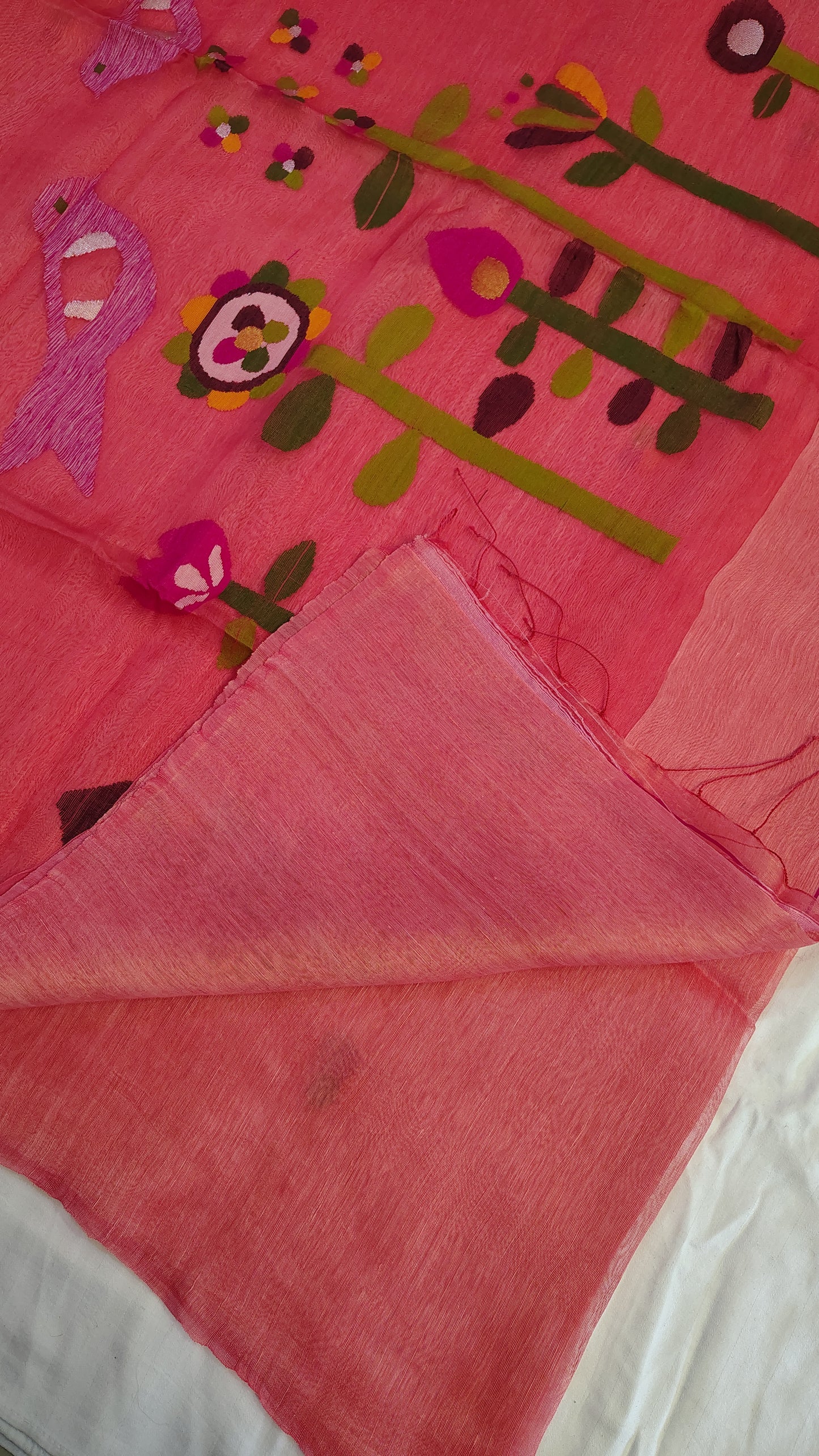 Coral linen Silk Jamdani| Bird weave