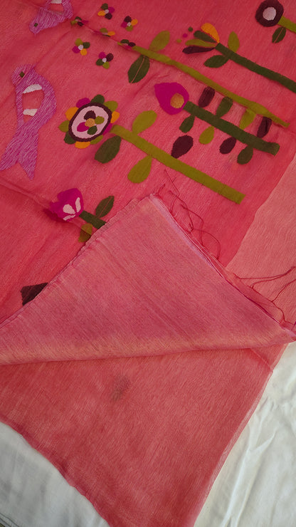 Coral linen Silk Jamdani| Bird weave