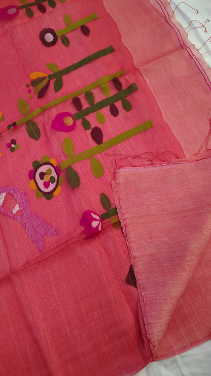 Coral linen Silk Jamdani| Bird weave