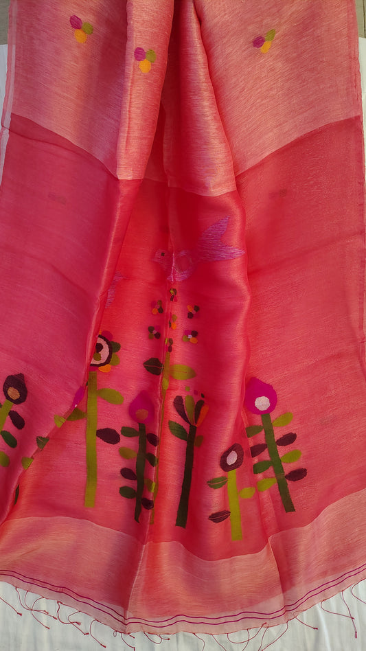 Coral linen Silk Jamdani| Bird weave