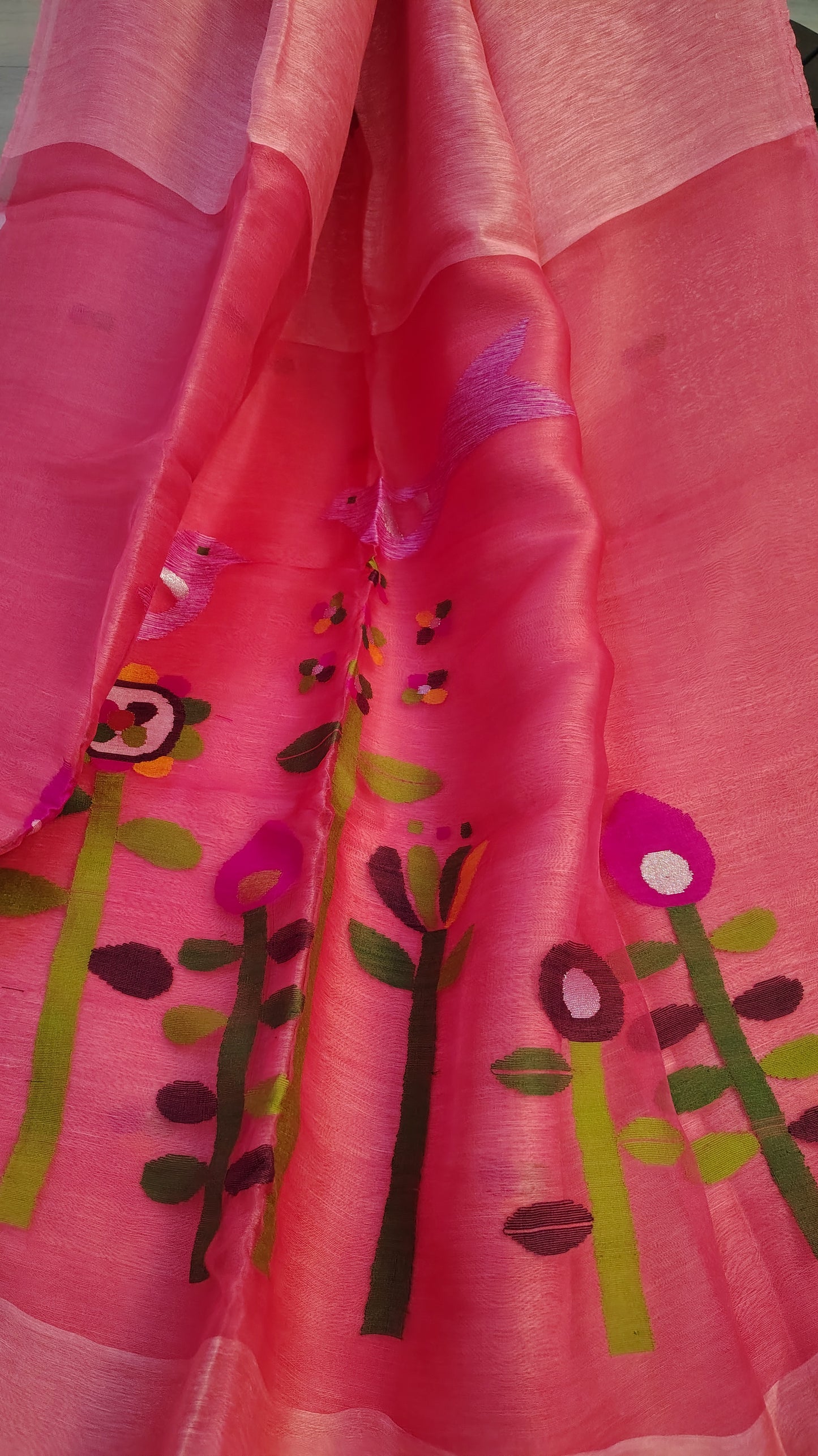 Coral linen Silk Jamdani| Bird weave