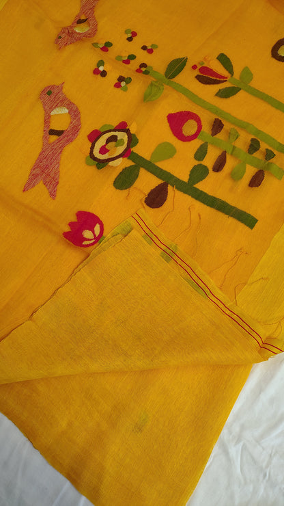Yellow linen Silk Jamdani| Bird weave