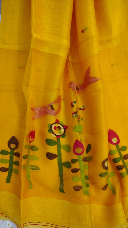 Yellow linen Silk Jamdani| Bird weave