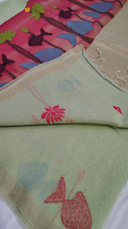 Green linen Silk Jamdani| Bird weave