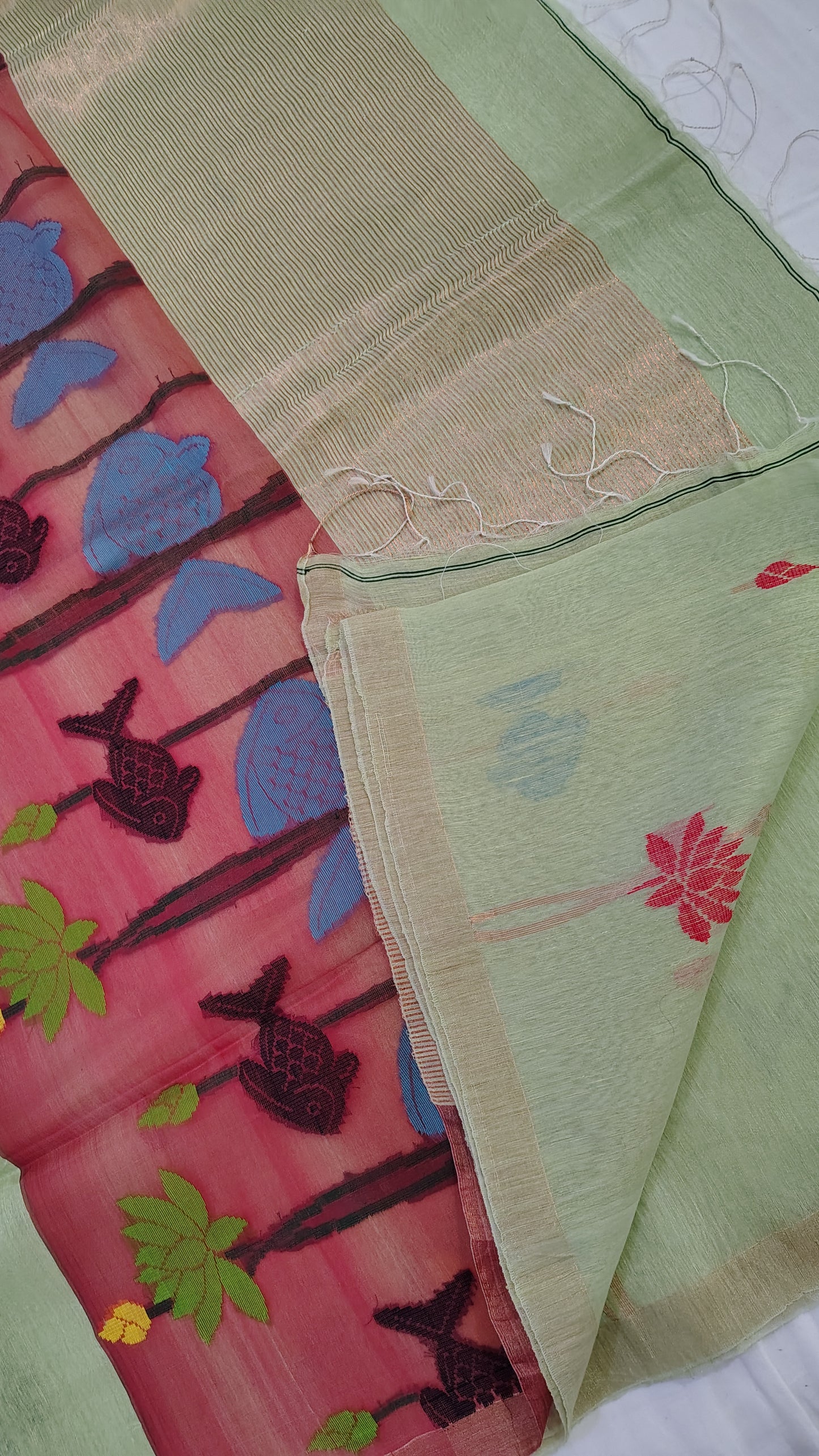 Green linen Silk Jamdani| Bird weave