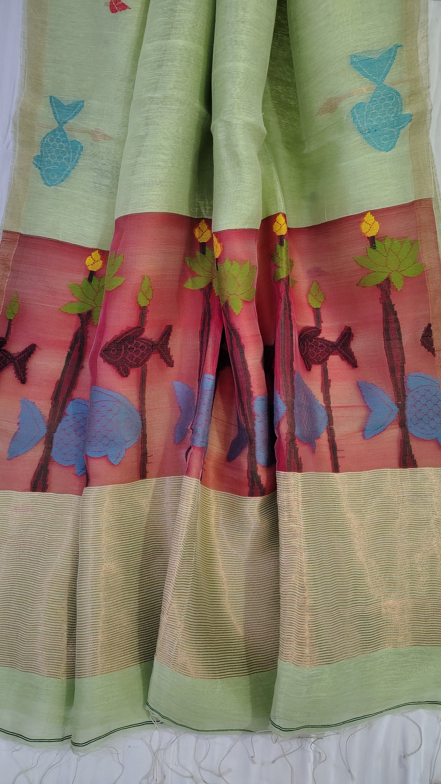 Green linen Silk Jamdani| Bird weave