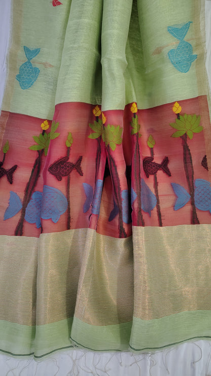 Green linen Silk Jamdani| Bird weave