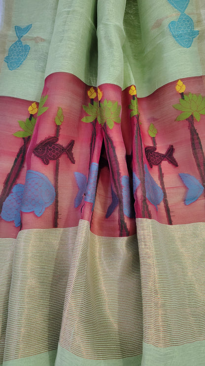 Green linen Silk Jamdani| Bird weave