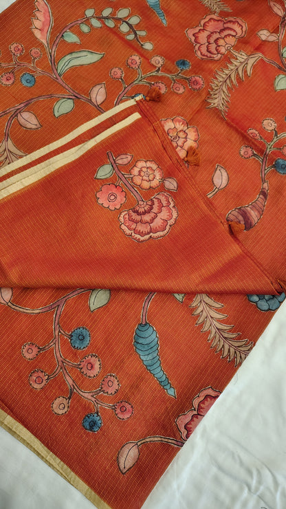 Orange Kota Silk Applique work saree