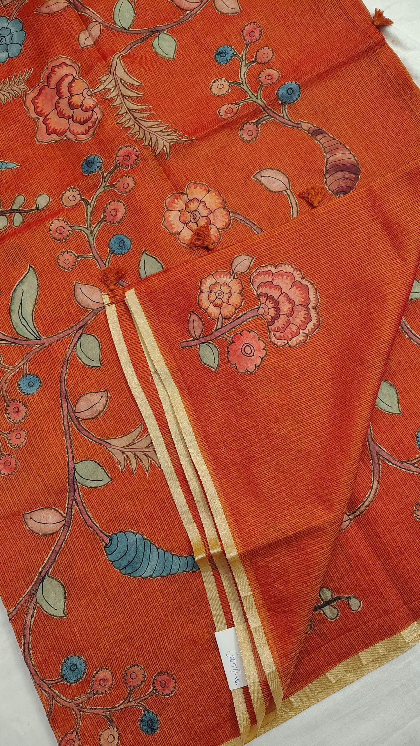 Orange Kota Silk Applique work saree