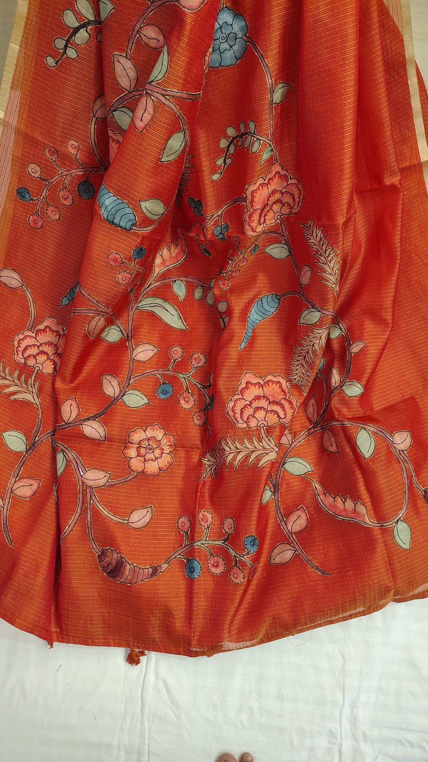 Orange Kota Silk Applique work saree