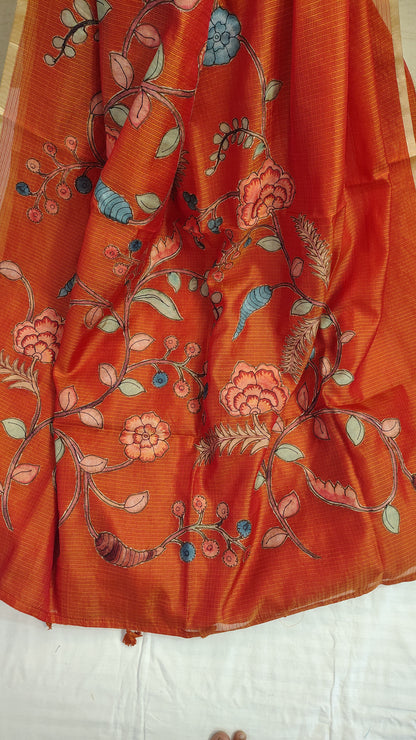 Orange Kota Silk Applique work saree