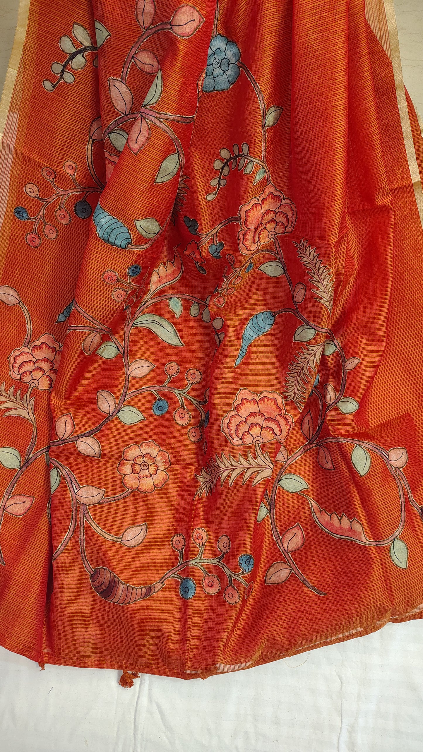 Orange Kota Silk Applique work saree