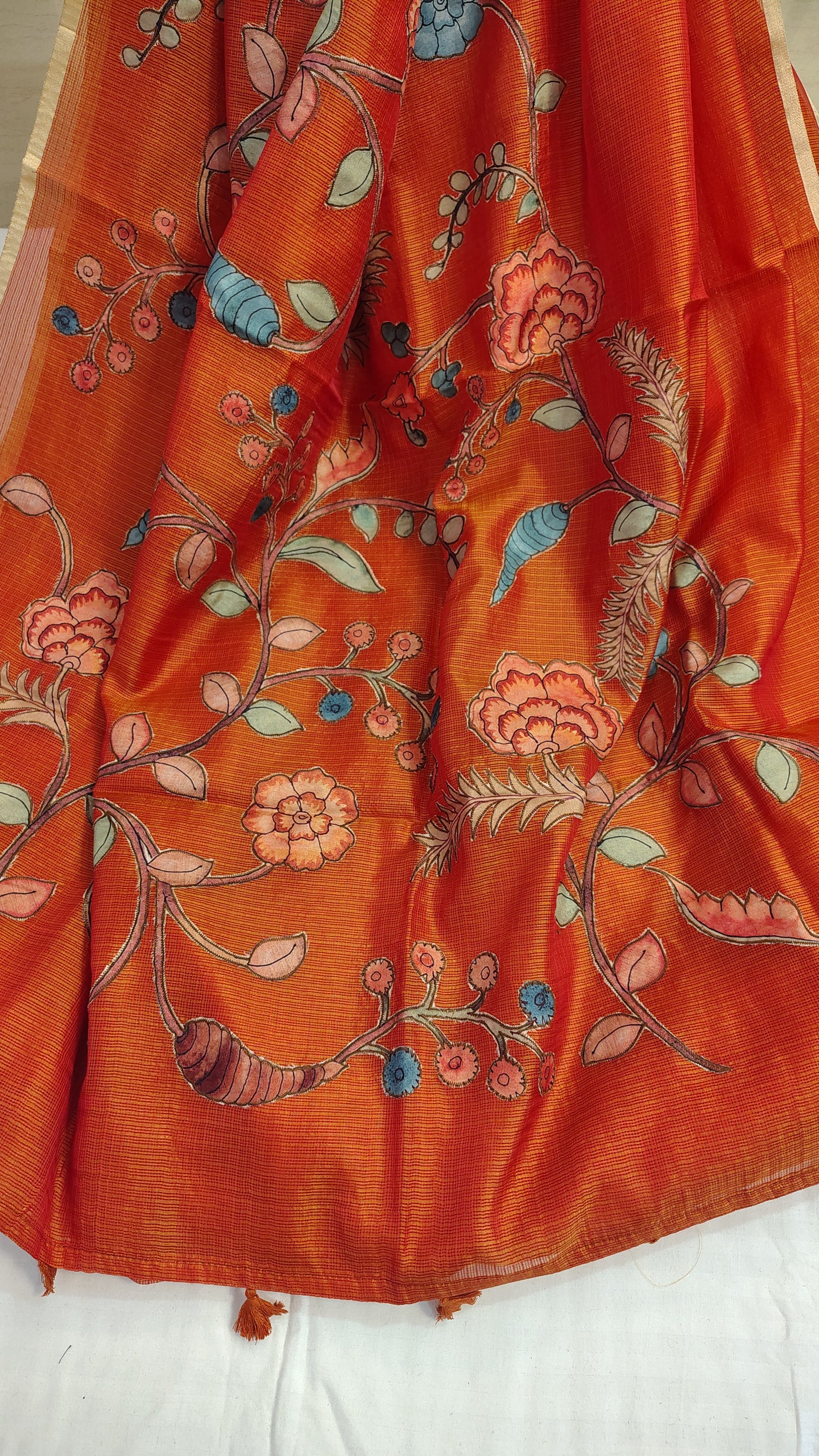 Orange Kota Silk Applique work saree