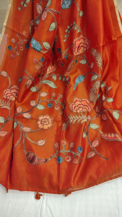 Orange Kota Silk Applique work saree