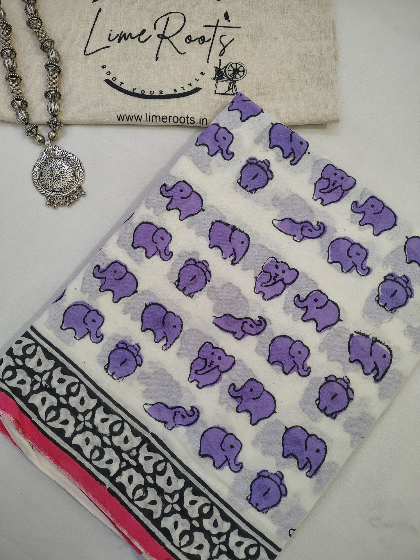 Purple Pure cotton elephant Handblock printed saree