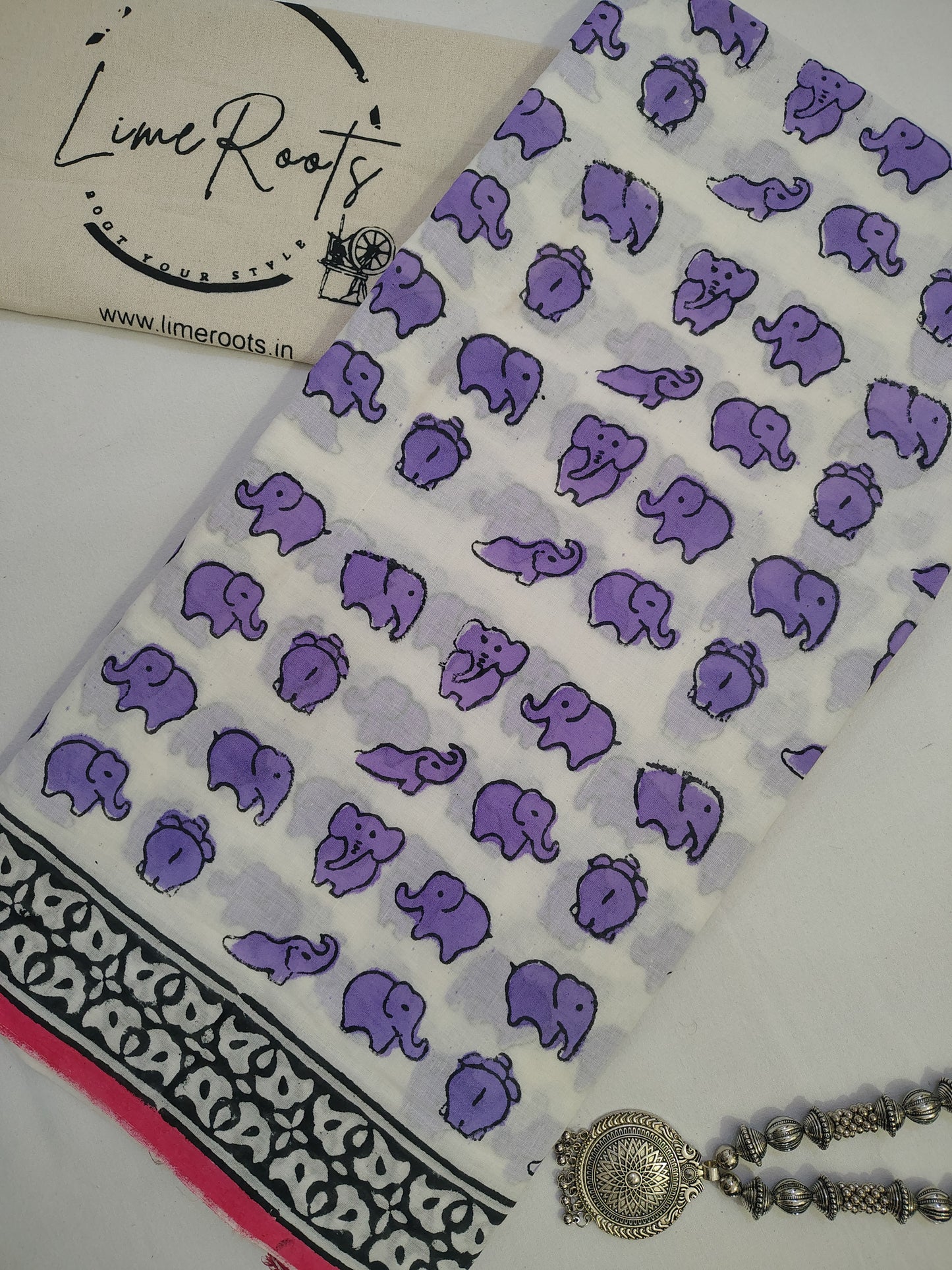 Purple Pure cotton elephant Handblock printed saree