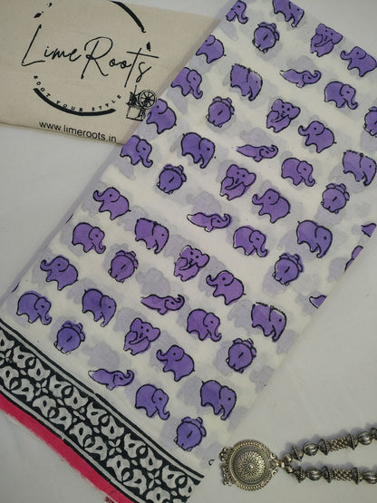Purple Pure cotton elephant Handblock printed saree