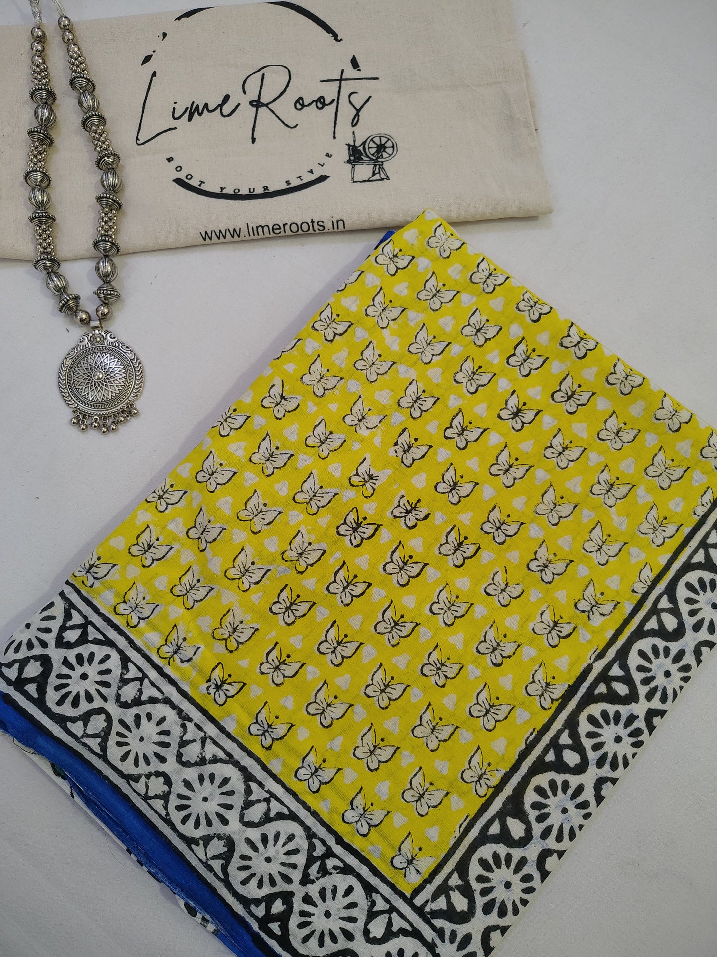 Yellow Pure cotton butterfly Handblock printed saree